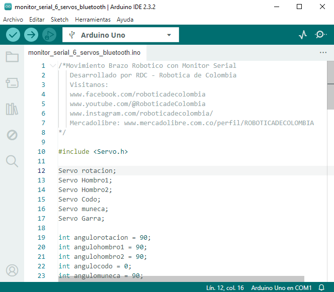 Código Control Bluetooth para Brazo Robotico de 6 Servomotores