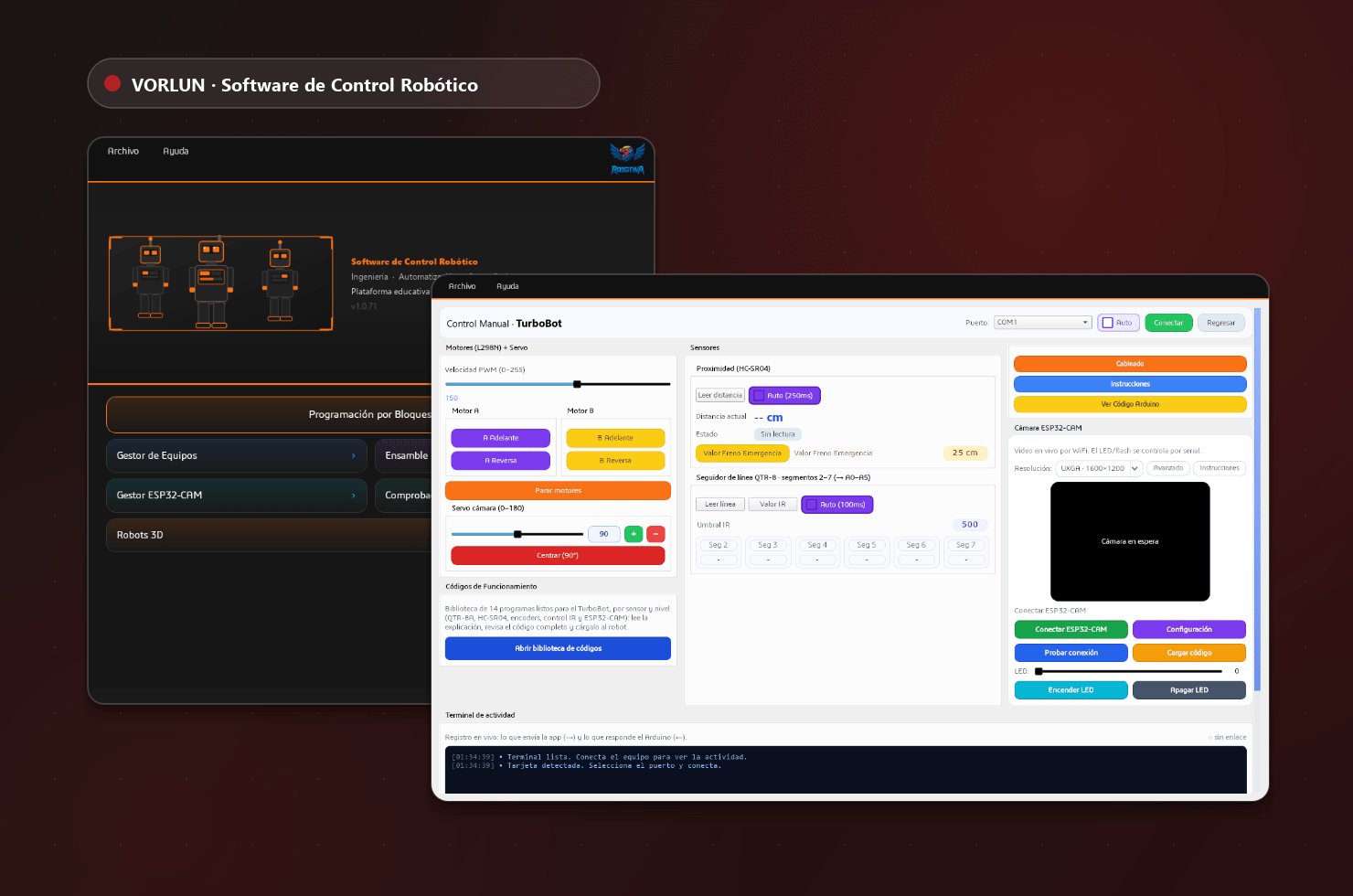VORLUN Software en uso: pantalla de inicio y panel del TurboBot