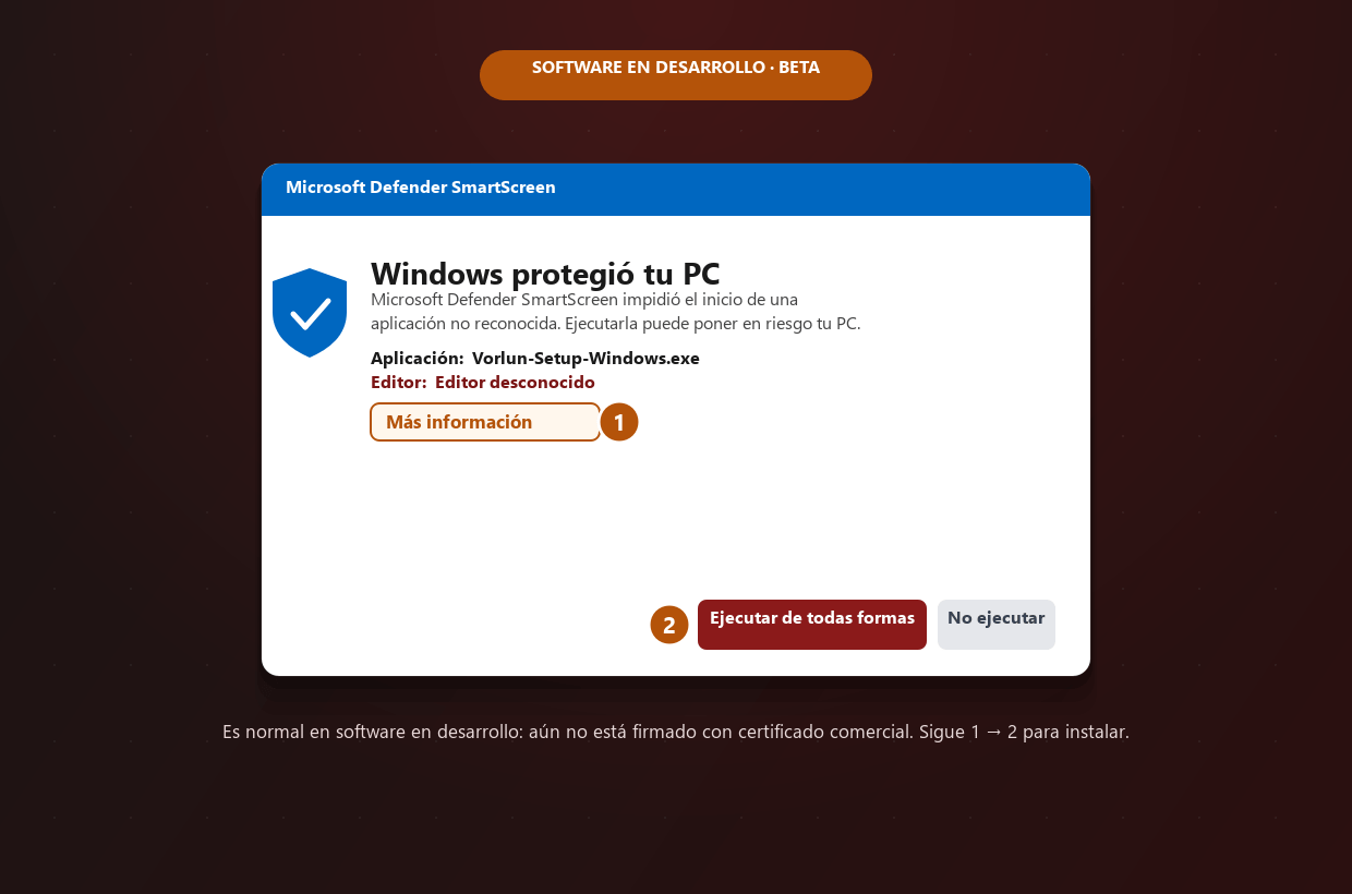 Aviso de Windows SmartScreen: Más información y luego Ejecutar de todas formas