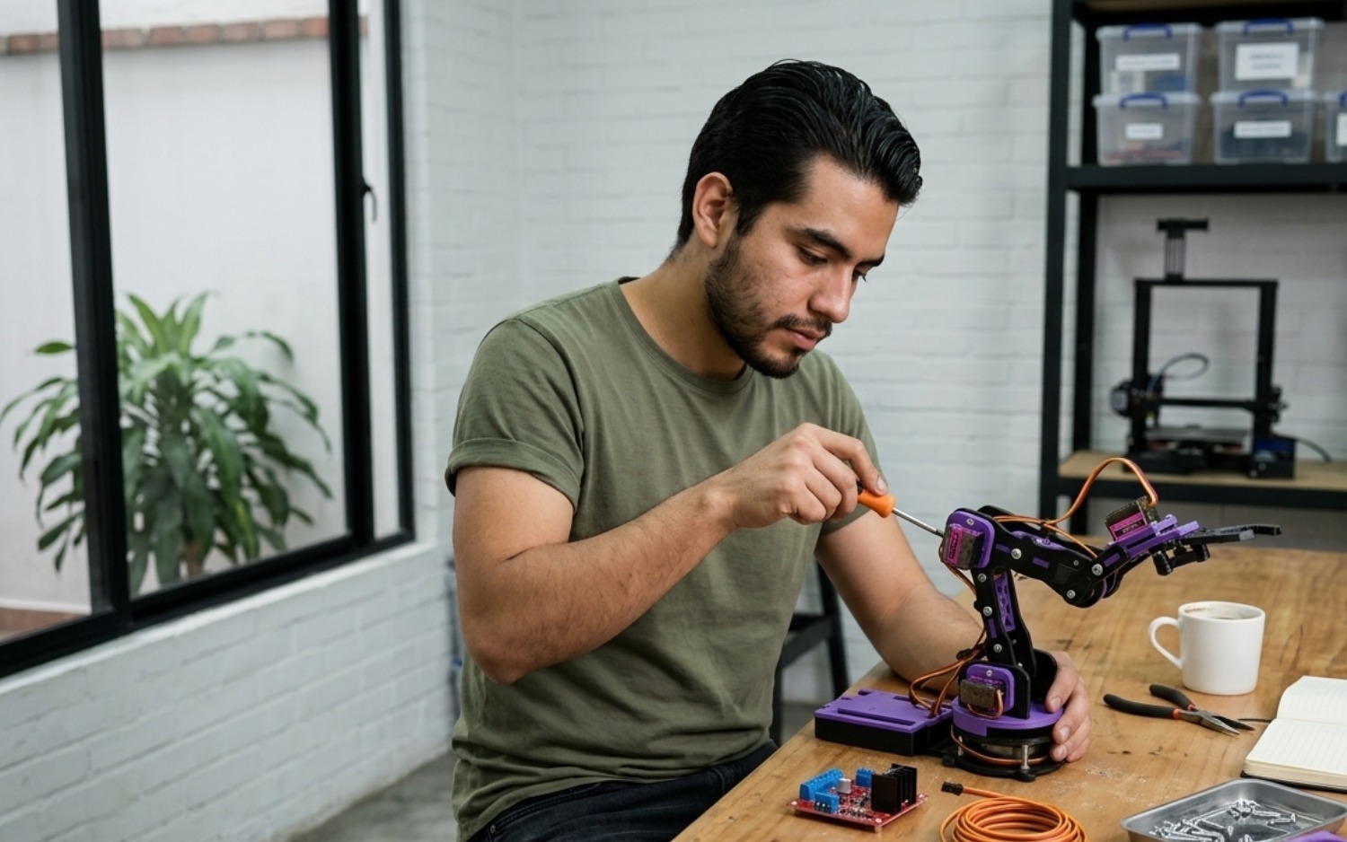 Joven armando un brazo robótico en el taller de Bogotá