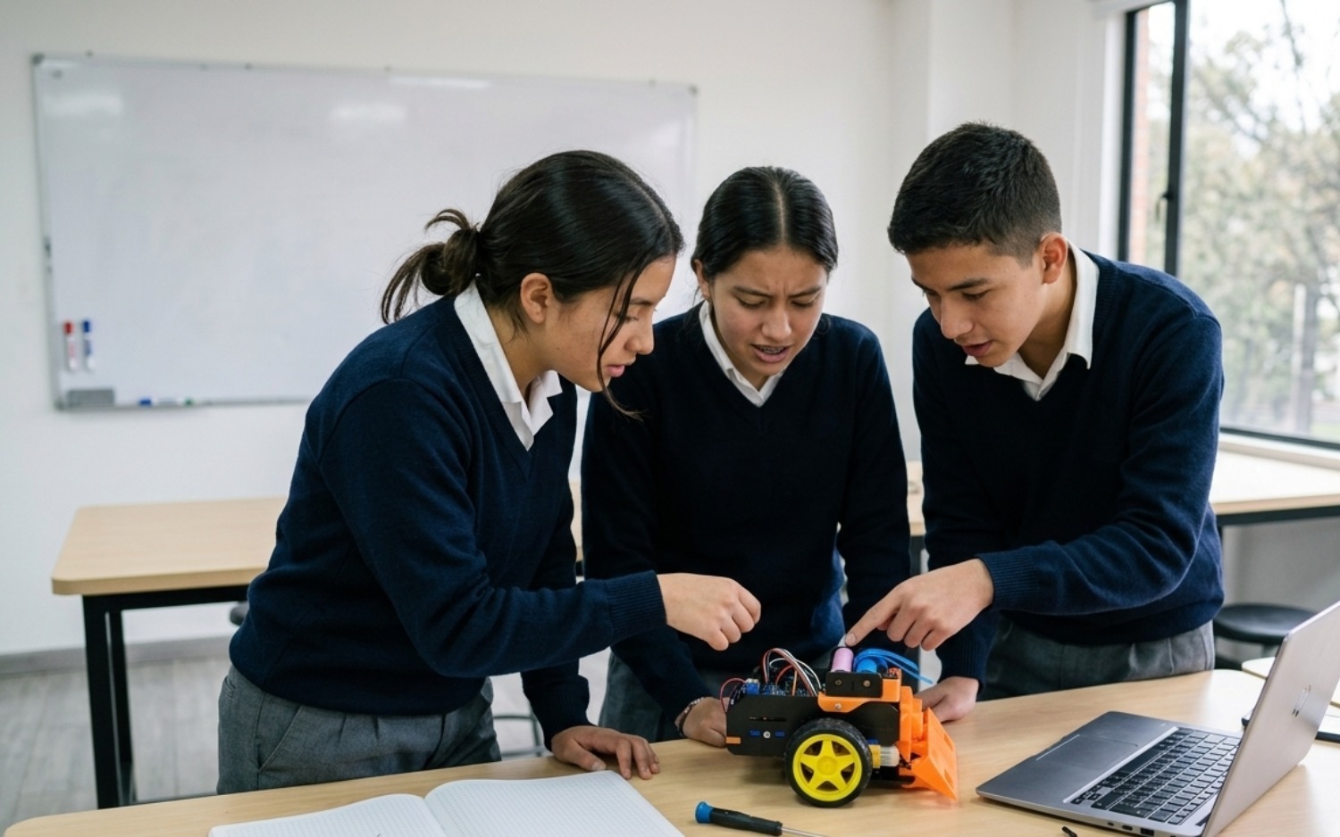 Estudiantes de colegio trabajando con un carro robótico