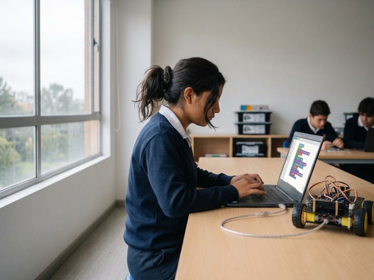 Estudiante programando el robot por bloques