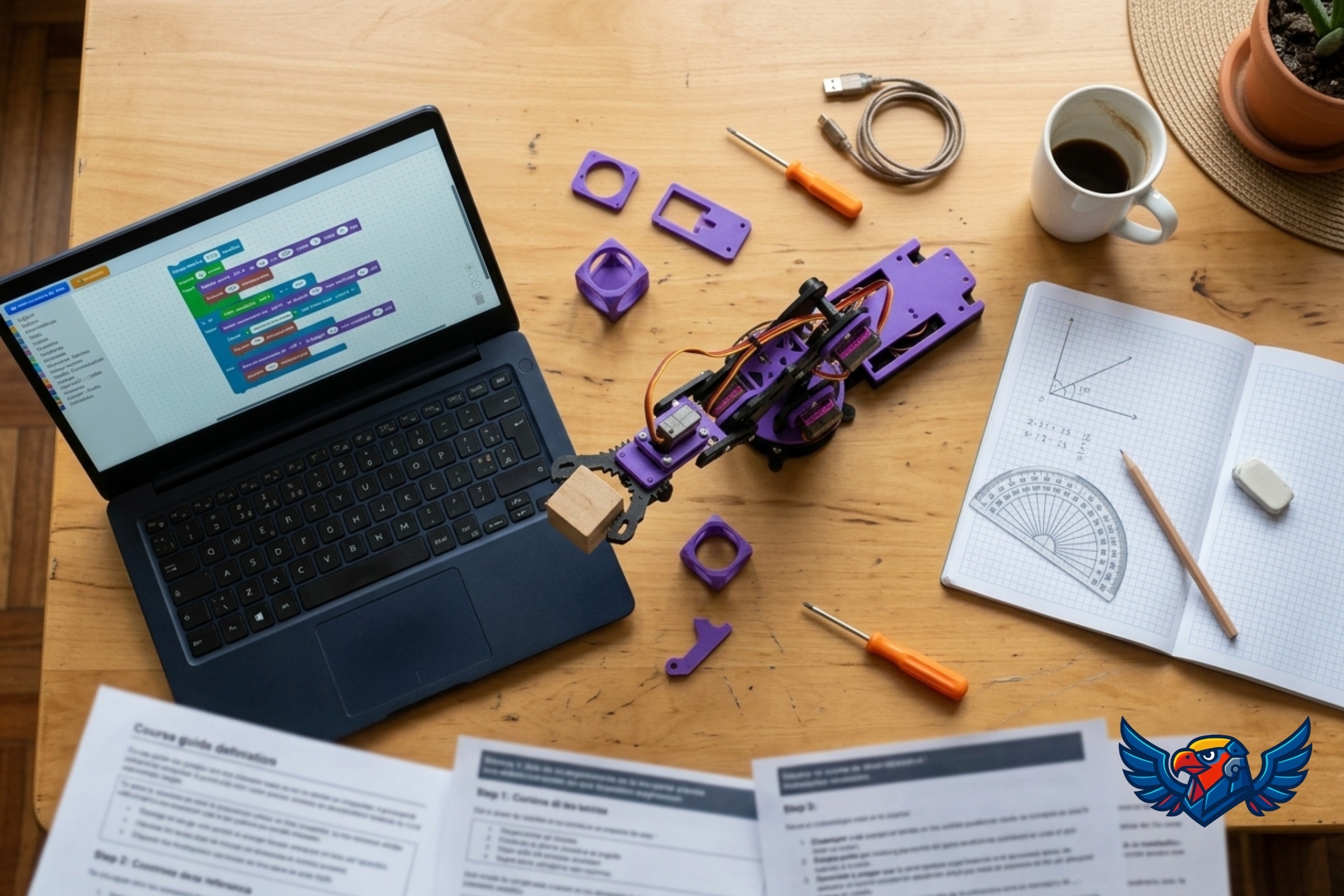 La mesa de trabajo: el brazo robótico, VORLUN en el computador y el material del curso