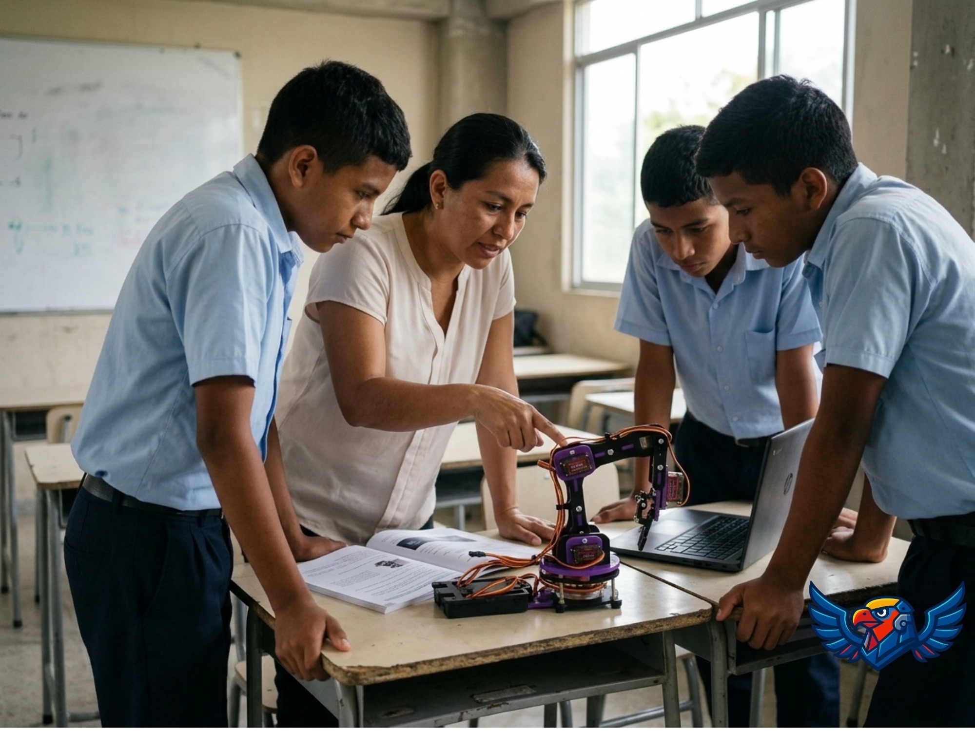 Docente y estudiantes trabajando con el robot y la guía en el salón