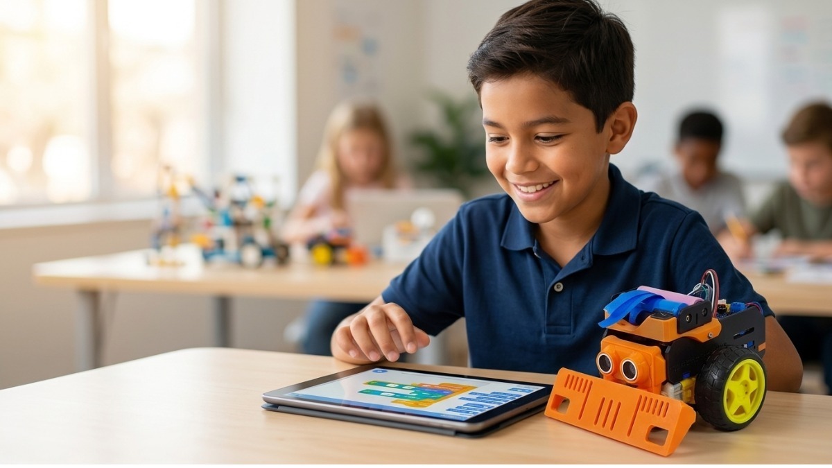 Niños de 9 a 11 años programando robots