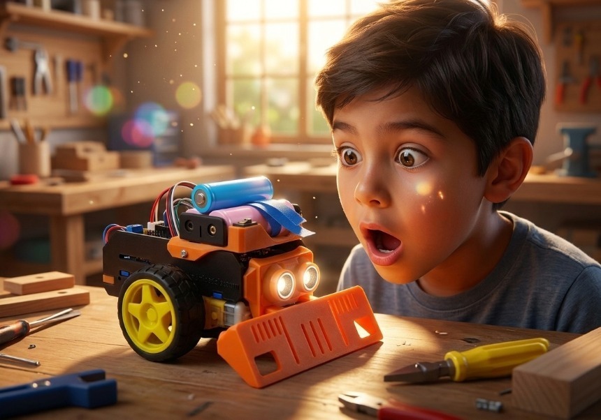 Niño asombrado al ver su robot cobrar vida