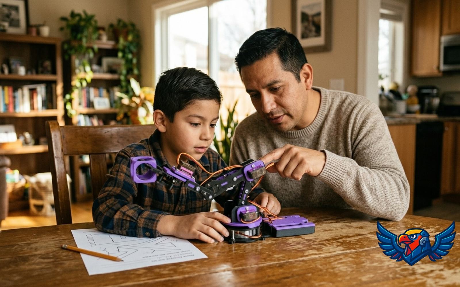 Acudiente acompañando a su hijo con el robot en casa