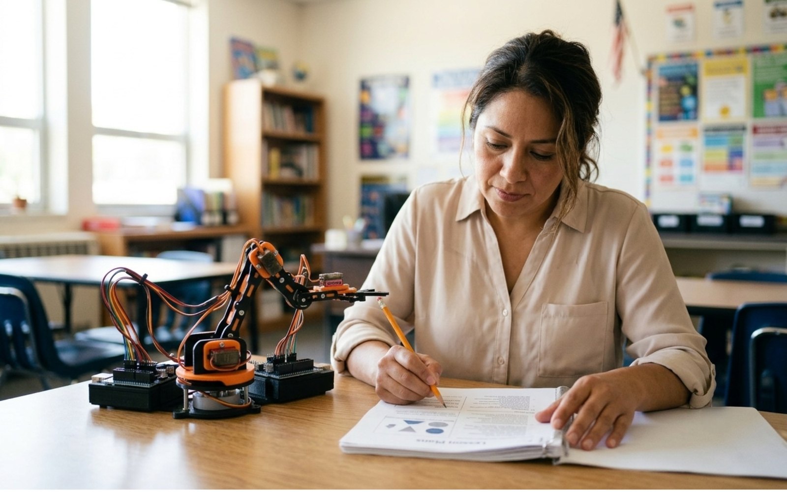 Docente revisando la guía junto al robot