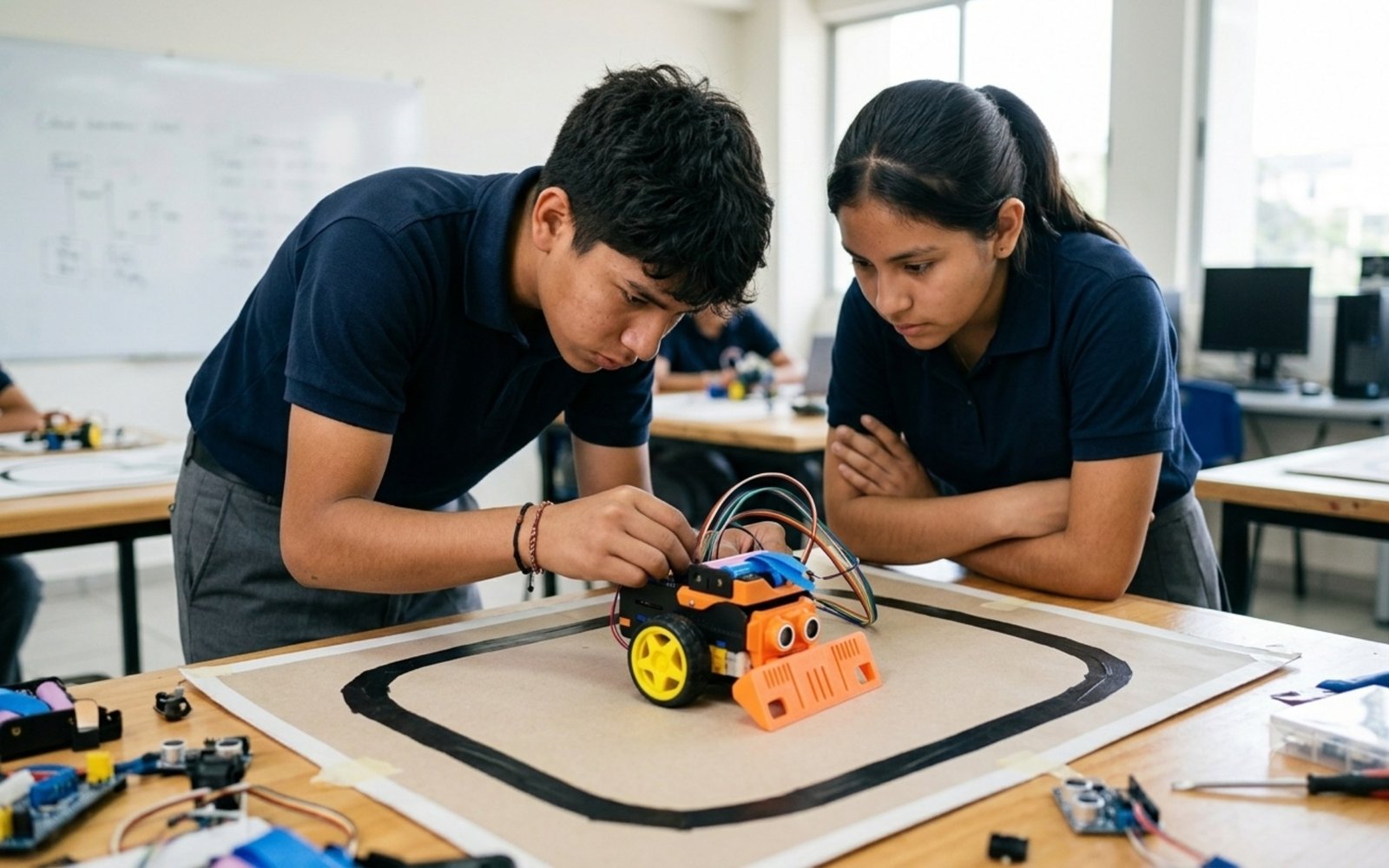 Estudiantes en un reto STEM con el robot