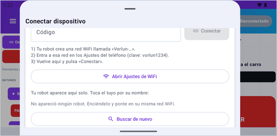 La app explica paso a paso cómo conectarse a la red WiFi que crea el robot.