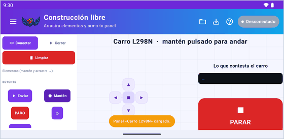Panel de control del carro en la app, en horizontal, con los mandos de dirección y el botón de paro.