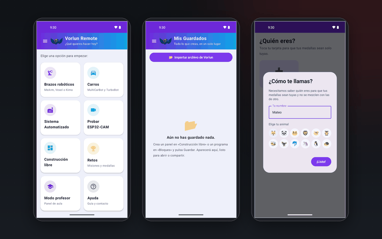 Tres pantallas de la app Vorlun Remote: inicio, trabajos guardados y perfil.