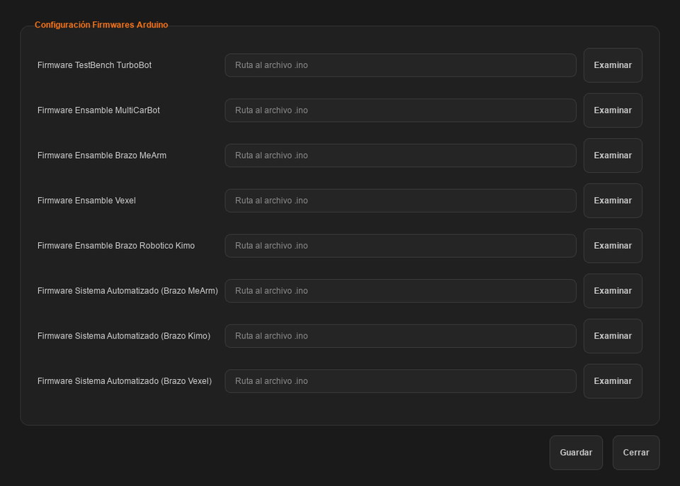 Ventana de carga de firmware de VORLUN, con la lista de firmwares y el progreso de carga.