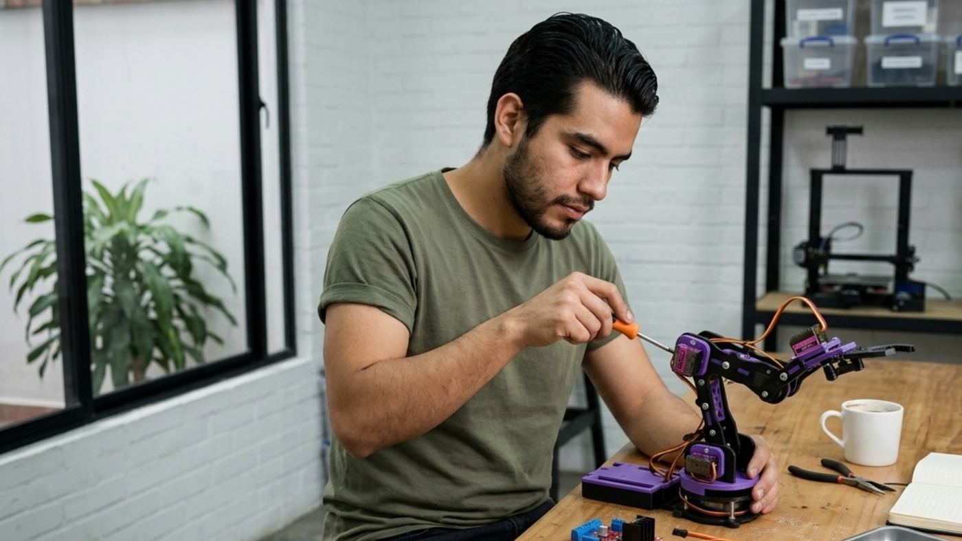 Mesa de trabajo con las piezas del robot, la tarjeta y las herramientas antes de armar.