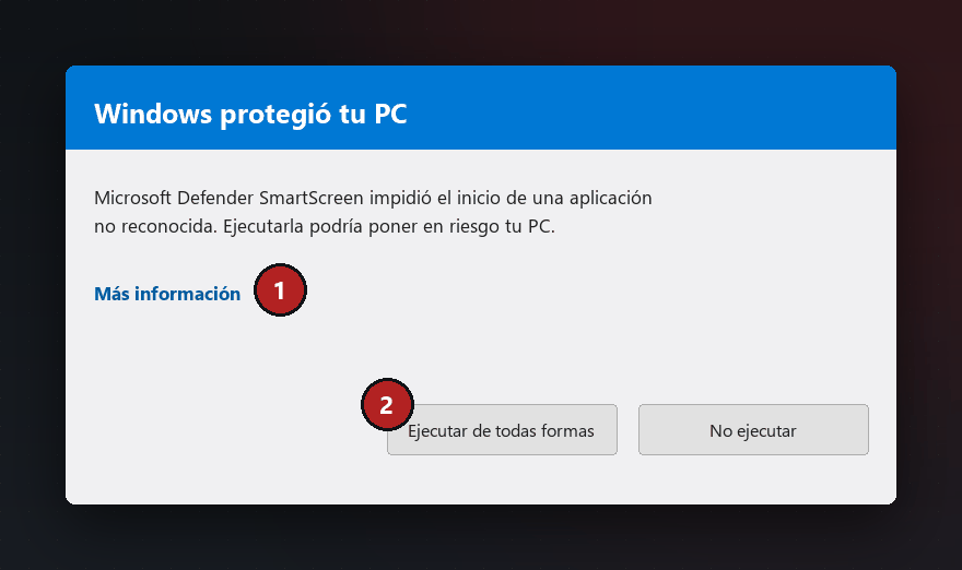 El aviso azul de Windows SmartScreen con los dos clics señalados: primero «Más información», después «Ejecutar de todas formas».