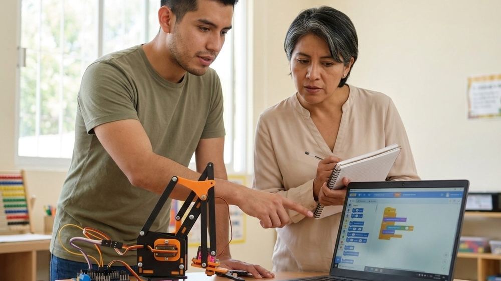 Mesa de trabajo con el robot y el computador en casa.