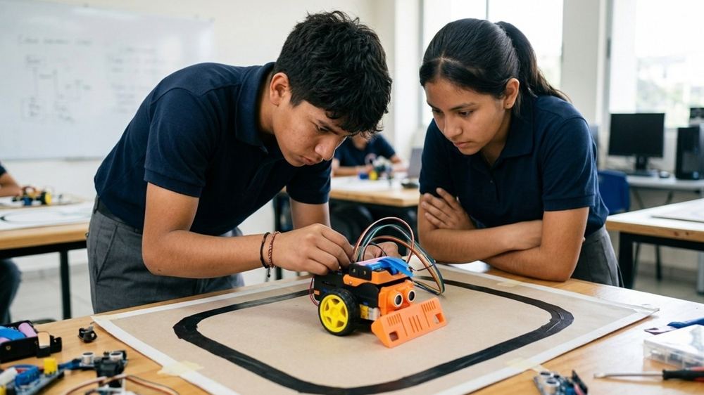 Estudiante trabajando con el robot y la ficha de retos impresa.