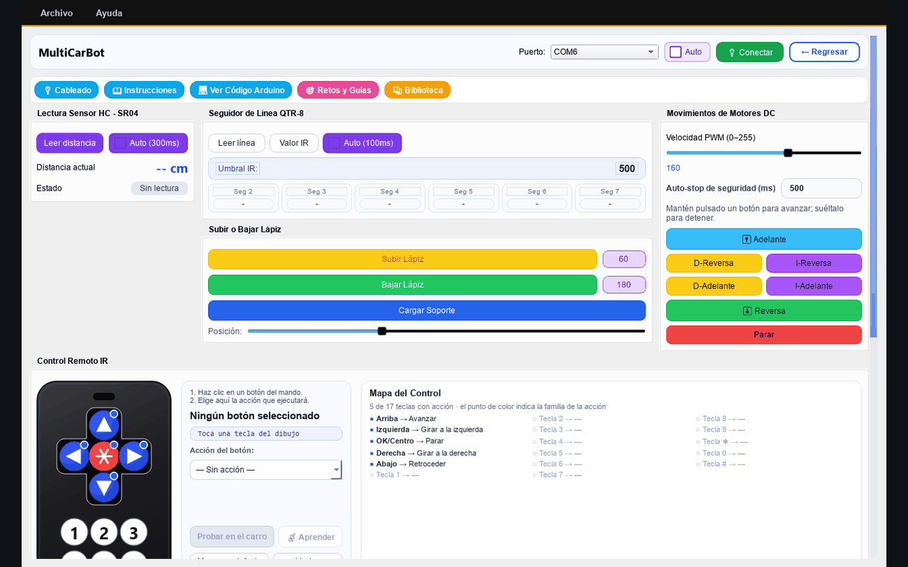 Tablero del MultiCarBot en VORLUN, con el control remoto infrarrojo dibujado.