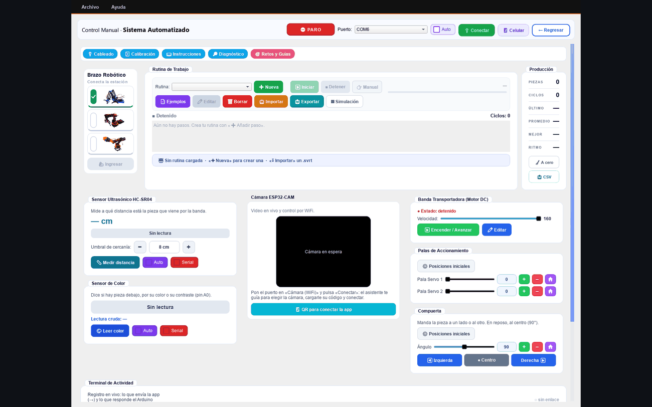 Tablero del Sistema Automatizado en VORLUN, con la rutina de trabajo y los sensores.